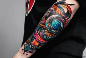 flow abstract large forearm tattoo with lines, splatters, circles tattoo idea