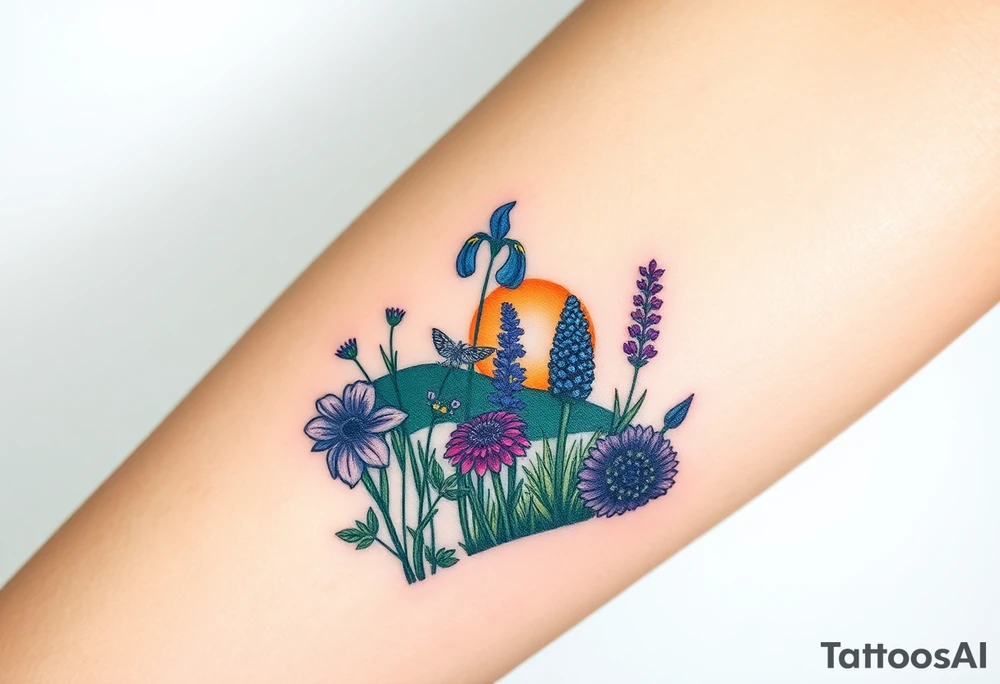 a bunch of cutleaf coneflower, blue flag iris, bee balm, obedient plant, purple coneflower on a hill with grass with a beautiful sunset tattoo idea