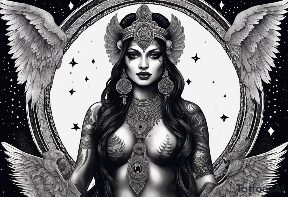 black kali, goddess pirate, alien, angel, pachamama, valkrye, warrior, flying, skull, lotus azul, wing, eagle, zenza resonance, stars, 5D, anahata chakra, death, durga, riding on a tiger, flying lady, kundalini, chest tatoo, samuri, rebel,s erpent tattoo idea