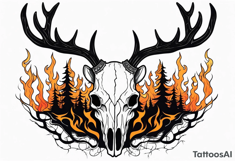 side profile of a DECAYING deer skull JUST BONE lore accurate wendigo surrounded by a flames and trees tattoo idea