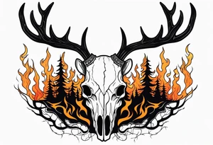 side profile of a DECAYING deer skull JUST BONE lore accurate wendigo surrounded by a flames and trees tattoo idea