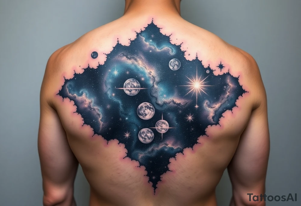Beautiful and epic 3d milky way that appears to be what is beneath the skin. Make it drape over the shoulder and move to the middle back. use negative spaces to create planets and stars.Keep it symmetrical tattoo idea
