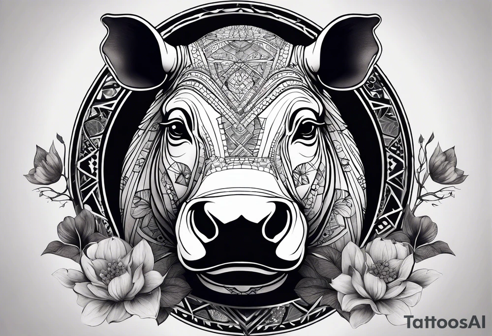 Very asymmetrical, +geometric pattern, with realistic full moon, with hippo,+tribal, +geometric, +inkart , +blackwork, +grey scale, + sketch
with wintersweet flower bud, +for men, detailed layering , modify from my favourites , dont look like a cow tattoo idea