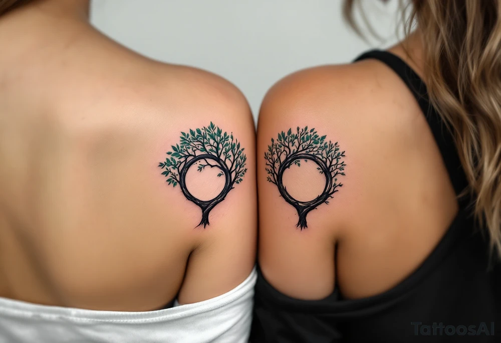 Two matching couples tattoos black tree rings with a splash of green leaves tattoo idea