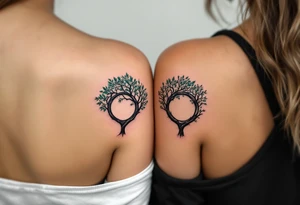 Two matching couples tattoos black tree rings with a splash of green leaves tattoo idea