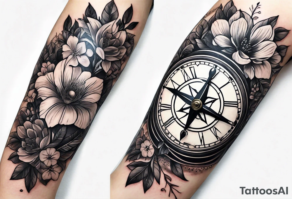 combination of a nautical compass and a old school clock face, and a doctor bird and tree of life and decorated with lignum vitae flowers, 3/4 sleeve on arm, flowing down the arm tattoo idea