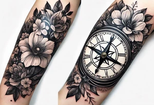 combination of a nautical compass and a old school clock face, and a doctor bird and tree of life and decorated with lignum vitae flowers, 3/4 sleeve on arm, flowing down the arm tattoo idea