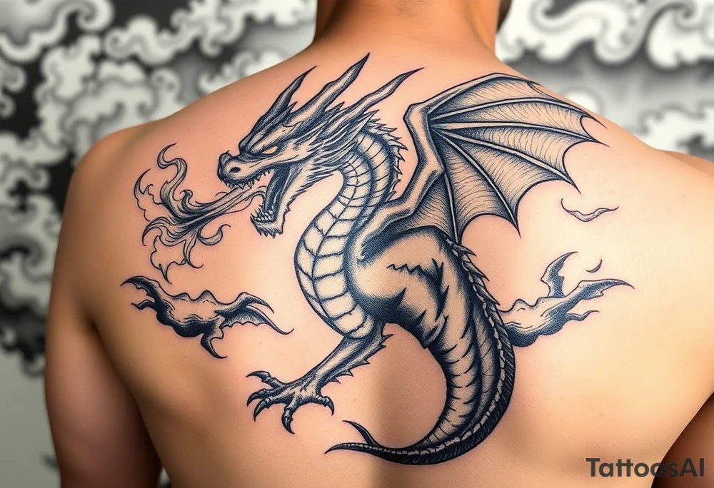 fierce dragon breathing iridescent fire against stormy skies tattoo idea