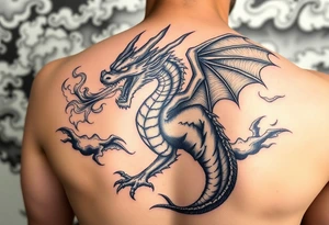 fierce dragon breathing iridescent fire against stormy skies tattoo idea