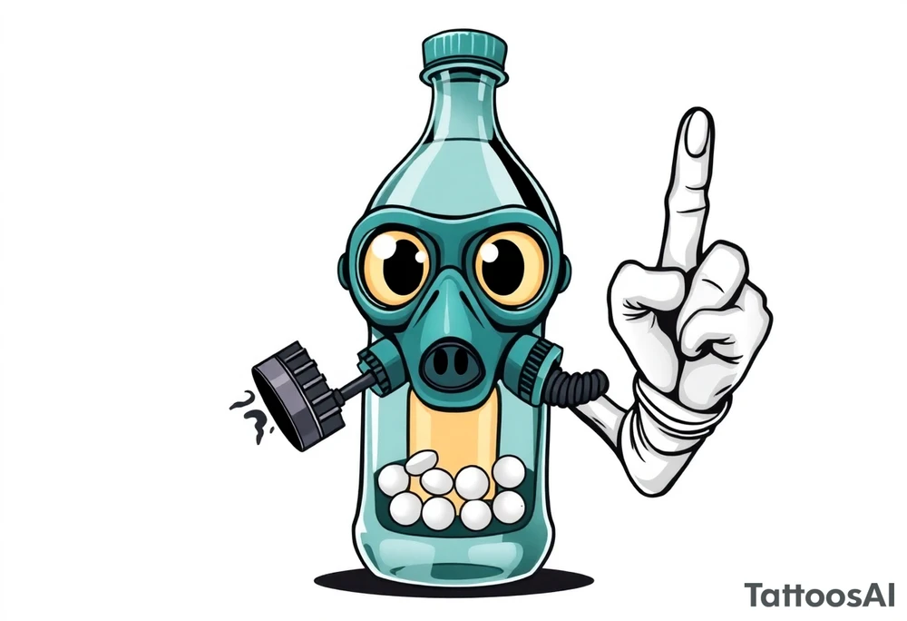 A caricature 2 liter bottle with bulging cartoon eyes and a gas mask on where it’s mouth and nose are supposed to be. Inside the bottle is a lithium battery,and pseudoephedrine tablets, along with a liquid. It has cartoon stick arms with big white gloves one had is holding up his middle finger. It should be dark and grimy looking as if a person had been up for some days and the middle finger on the right hand should be up tattoo idea