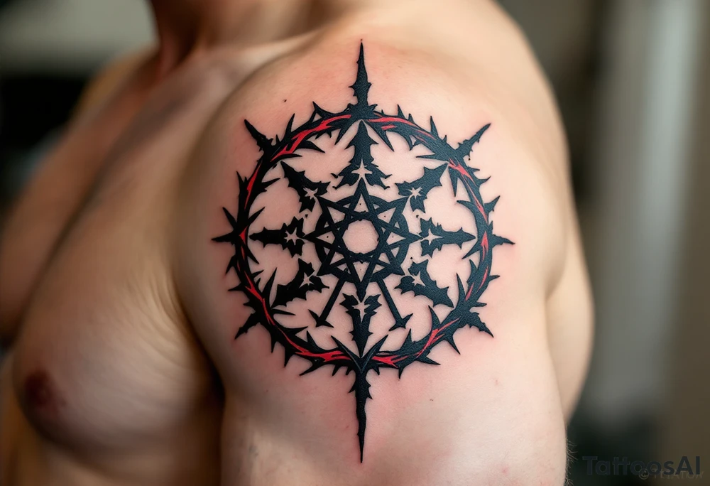 A black protective sigil on parchment-toned skin, encased in a circle of red thorns. tattoo idea
