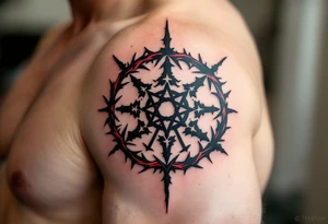 A black protective sigil on parchment-toned skin, encased in a circle of red thorns. tattoo idea