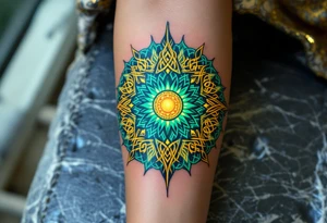 This golden Celtic sun, with emerald green knotwork, glows like an ancient druidic emblem on the forearm. tattoo idea
