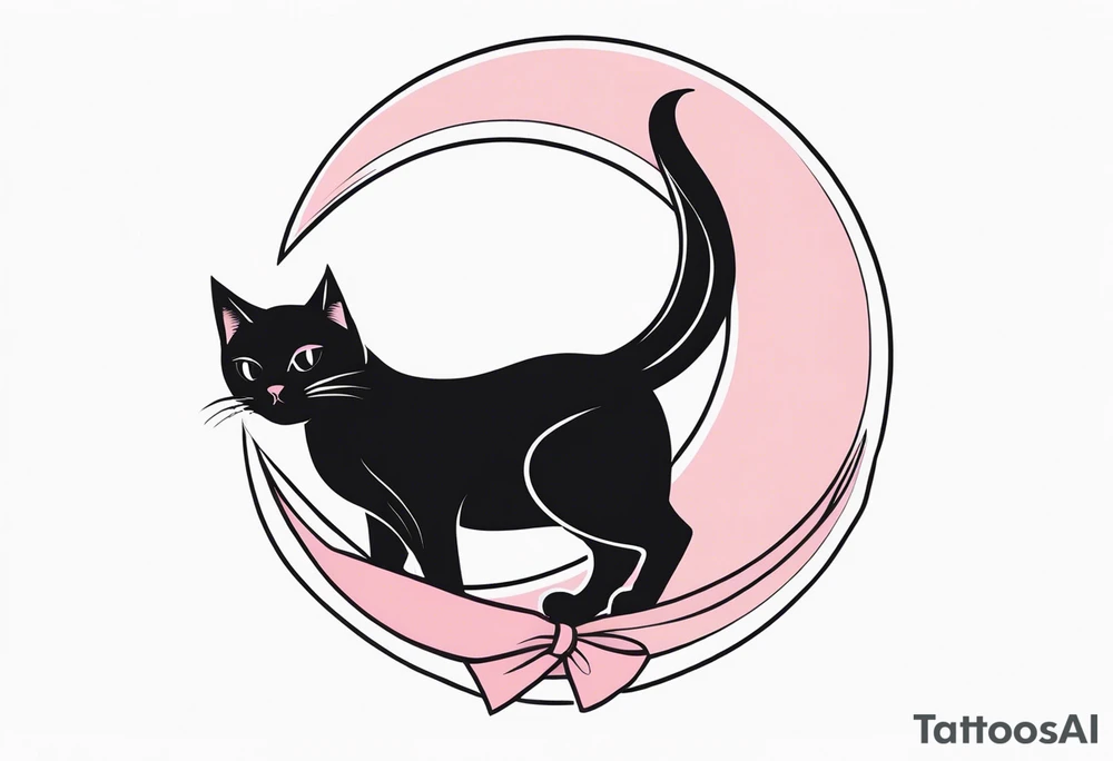 1.	Gothic Black Cat with Pink Bows – A sleek, black cat sitting on a crescent moon, with wide, eerie eyes and a small pink bow tied around tattoo idea