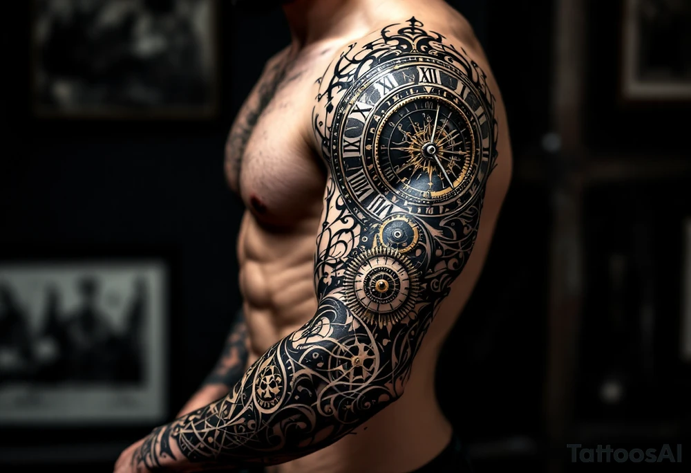 vintage roman numerals within ornate clockwork mechanism tattoo idea