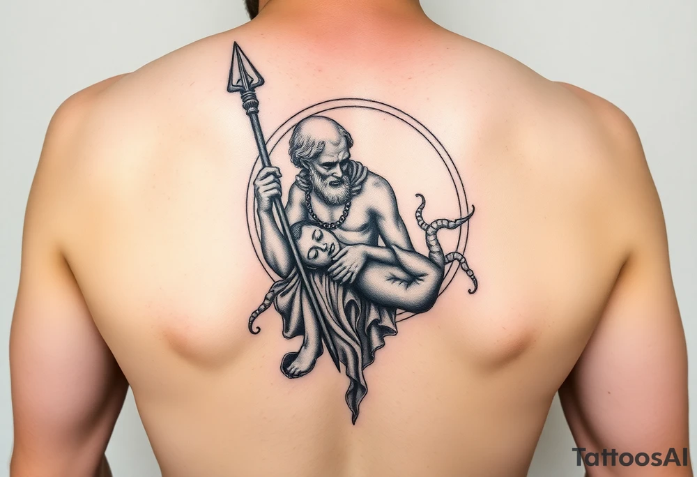 a tattoo design of the God Saturn but older and nearly dying holding his spear looking down using the spear to keep himself upright, in his other arms cradling a twin dying younger version of himself. The gemini constellation is in the background behind the Saturn Gods. Long vertical form as this will be on a thigh - include the planet Saturn rings going round the design tattoo idea