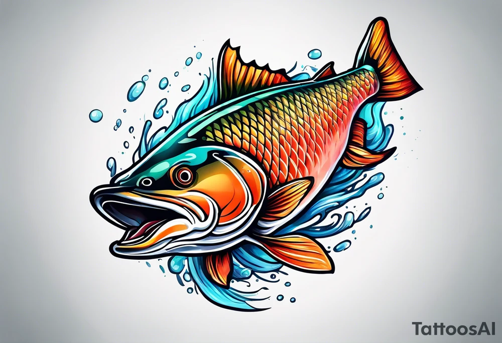 curved colorful salmon fish jumping into the air tattoo idea