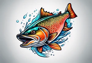 curved colorful salmon fish jumping into the air tattoo idea