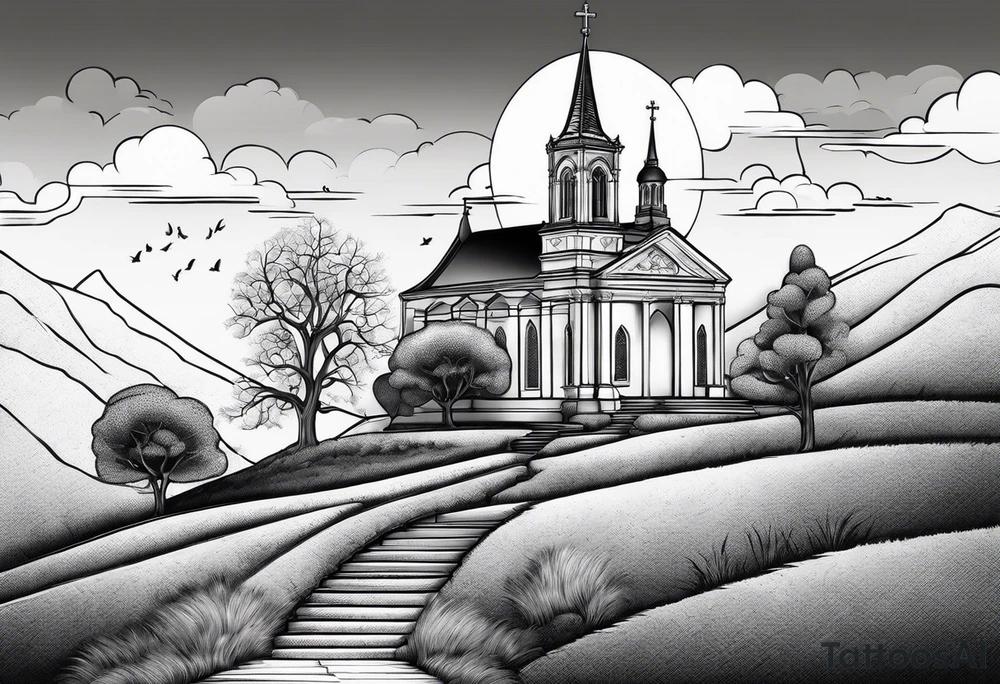 couple with 2 sons walking up on stairs on the hill and on the top of the hill is church and next to it is family tree tattoo idea
