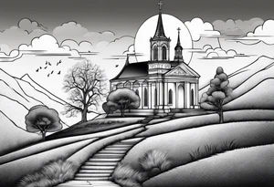 couple with 2 sons walking up on stairs on the hill and on the top of the hill is church and next to it is family tree tattoo idea