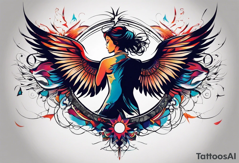 Wide tattoo that appears to be bursting out of the skin, symbolizing freedom. The tattoo should be vibrant and dynamic, with bold lines and colors that evoke a sense of liberation and empowerment. Consider incorporating elements such as sexy girl with wings, broken chains, or other symbols of freedom. The tattoo should be visually striking and thought-provoking, inviting the viewer to reflect on the importance of personal freedom. tattoo idea