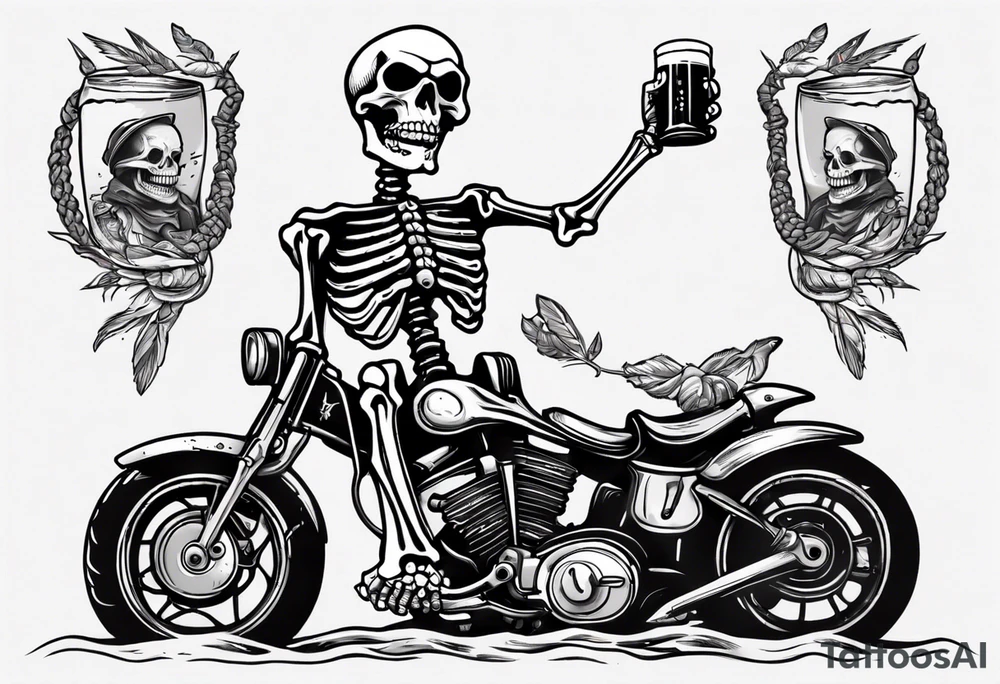 A skeleton sitting on a motorcycle on the beach drinking a beer tattoo idea