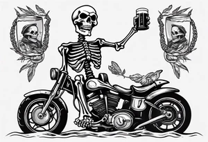 A skeleton sitting on a motorcycle on the beach drinking a beer tattoo idea