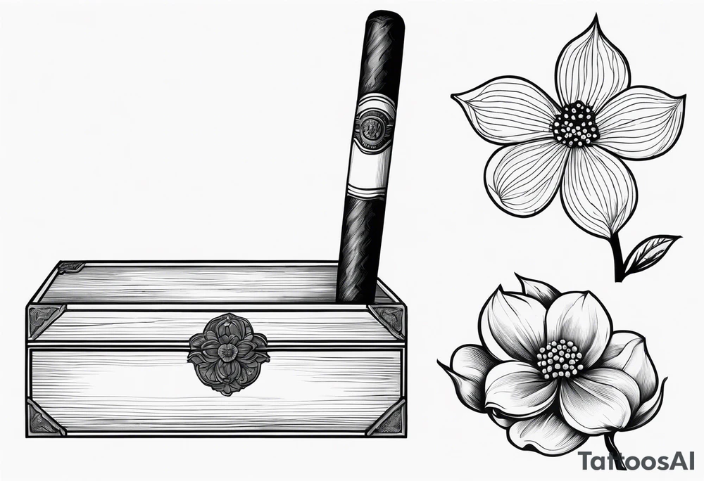 A simple vintage cigar box with a dogwood flower next to it as well as a lit cigar tattoo idea