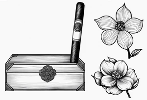 A simple vintage cigar box with a dogwood flower next to it as well as a lit cigar tattoo idea