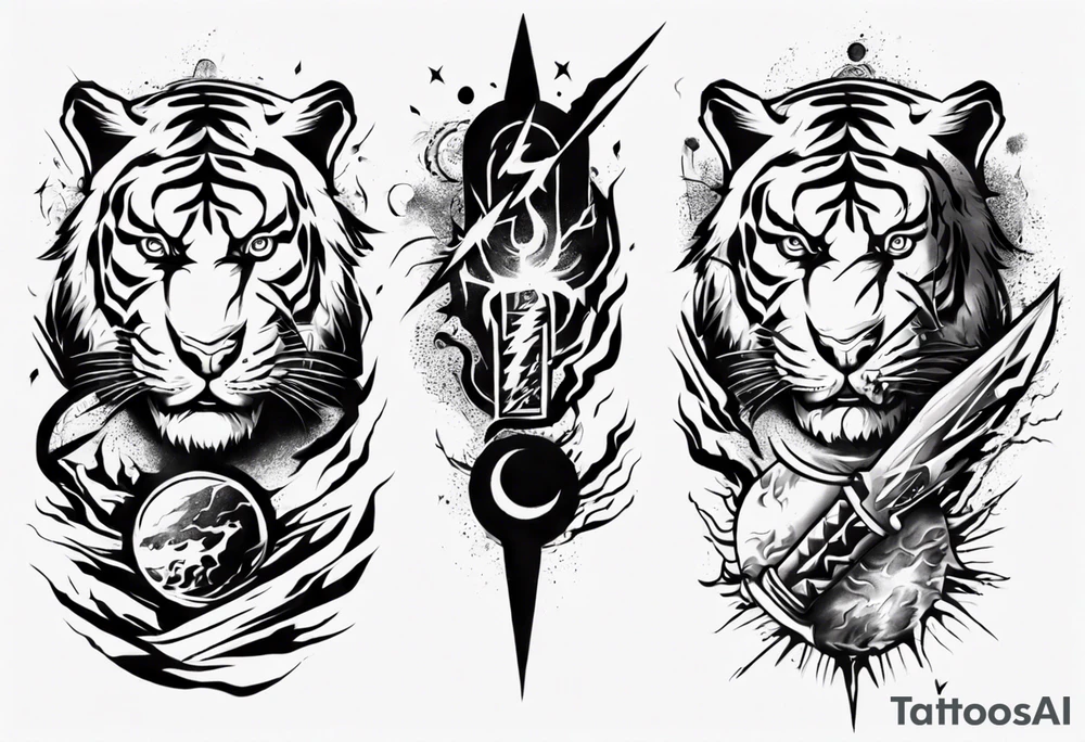 Tiger Warrior sleeve tattoo with lightning and the sun
Forearm sleeve tattoo idea