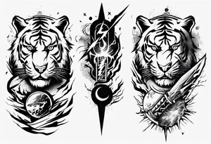 Tiger Warrior sleeve tattoo with lightning and the sun
Forearm sleeve tattoo idea