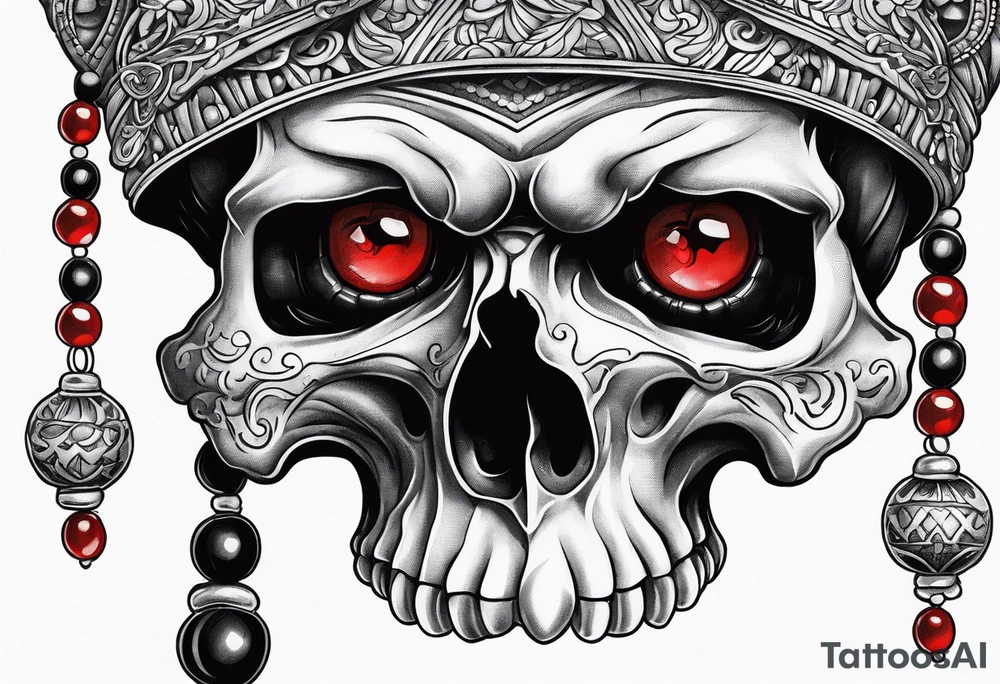 A skull in a robe. Red eyes, beads in hand tattoo idea