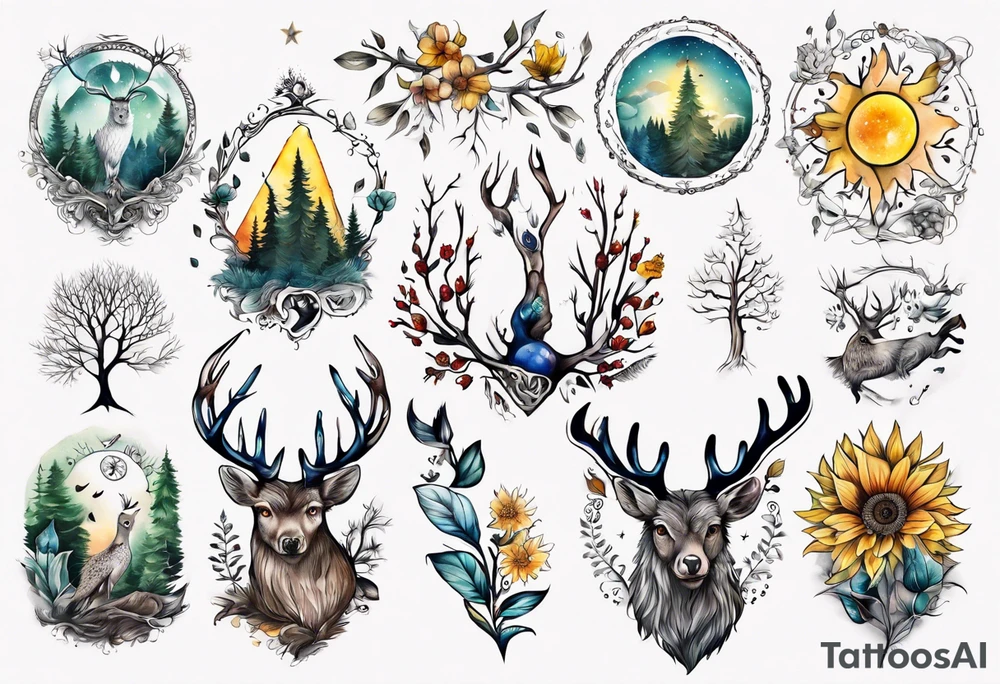 wasser, sonne, eule  wald, hirsch, blume des lebens, 
baum, berlin tattoo idea
