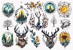 wasser, sonne, eule  wald, hirsch, blume des lebens, 
baum, berlin tattoo idea