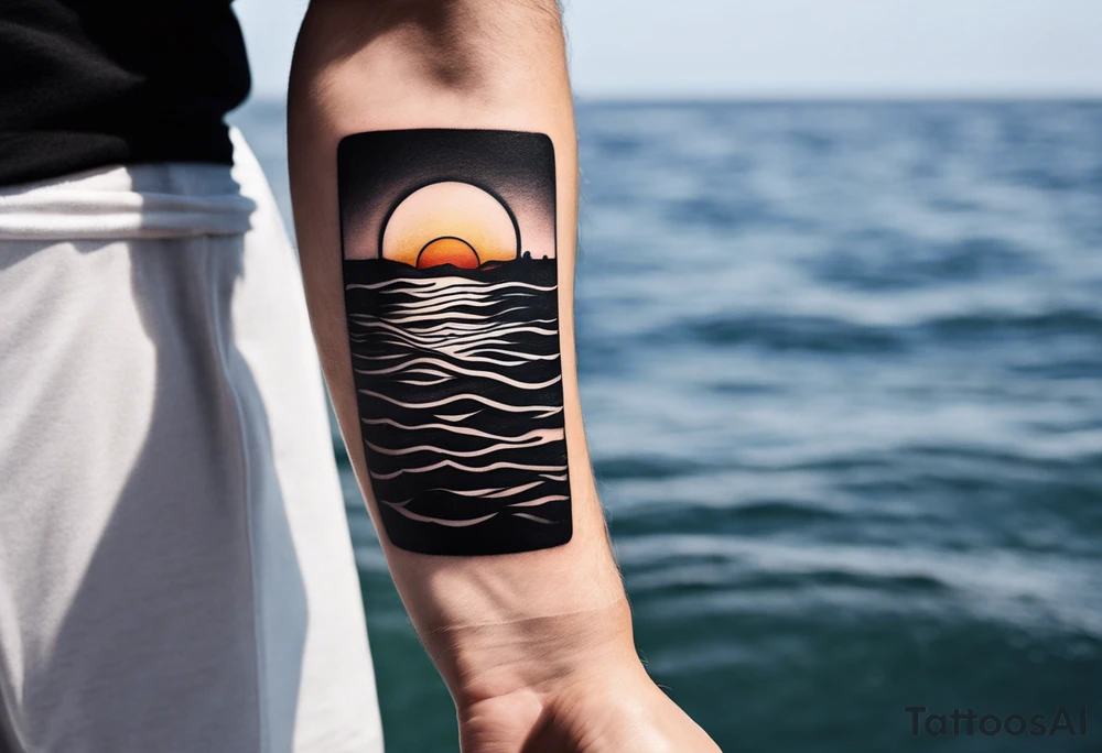 Minimalistic, black and white tattoo on male forearm. From the perspective of being on the ocean, the water is calm, with no waves in sight, the sun is setting behind the ocean, reflecting light onto the water. The tattoo in the shape of a rectangle, 4 inches wide by 2 inches tall. tattoo idea