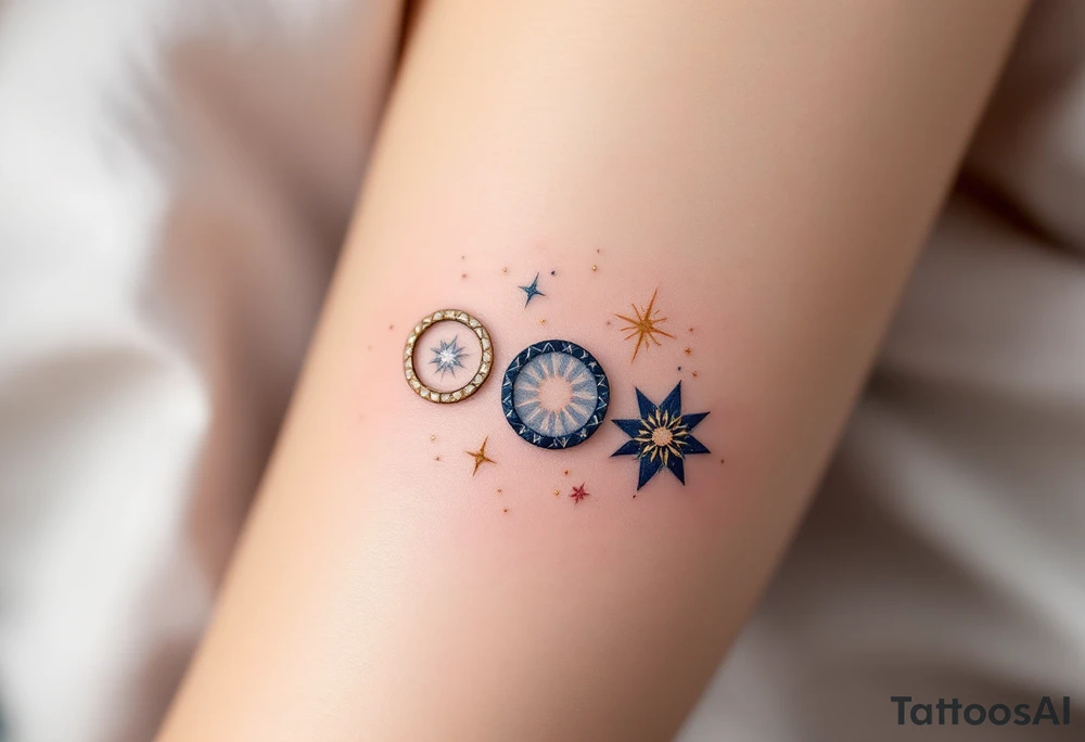 A trio of celestial rings in soft white, navy blue, and shimmering gold, representing love that transcends time and space. tattoo idea