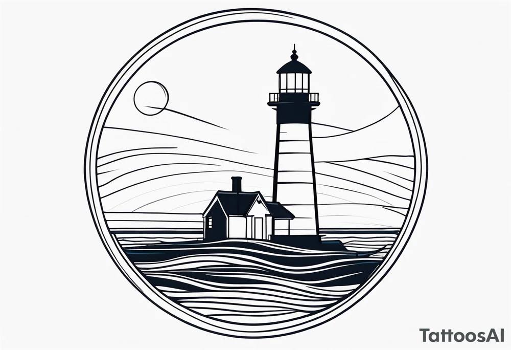 lighthouse geometric in fluid lines and circle framed tattoo idea