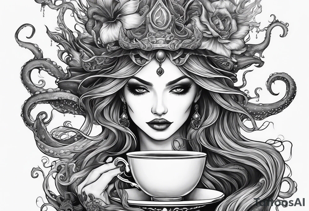 a sea witch with tentacles holding a teacup tattoo idea