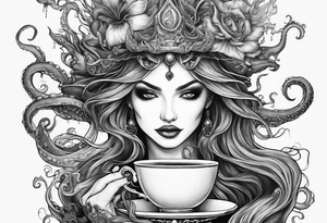 a sea witch with tentacles holding a teacup tattoo idea