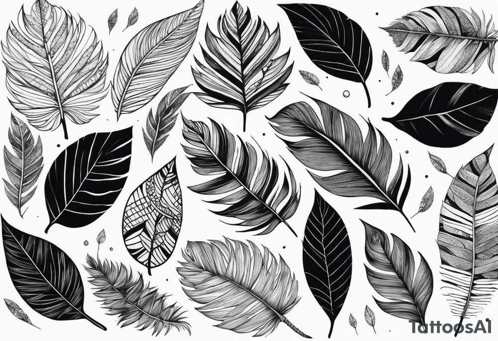 leaves that look like feathers, all shadings are stippled tattoo idea