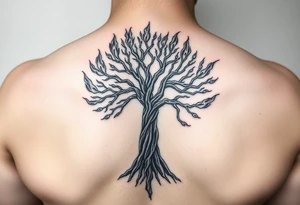burning tree of life with firerms scattered ad ude woman tattoo idea