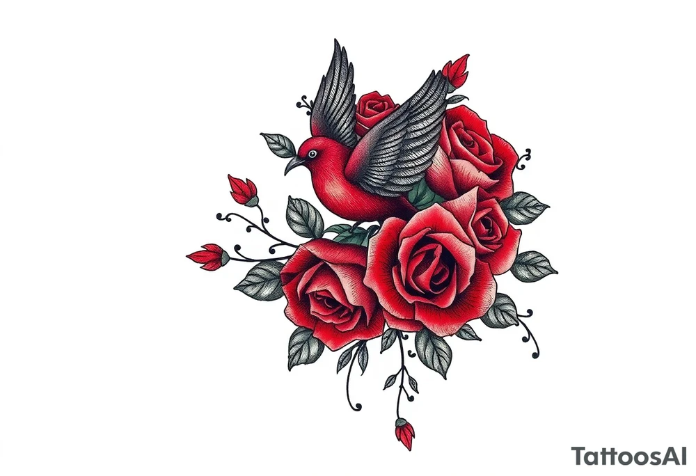 Vintage lace, red roses, red bird, vintage, wrap around, tighter together, no space open tattoo idea