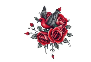 Vintage lace, red roses, red bird, vintage, wrap around, tighter together, no space open tattoo idea