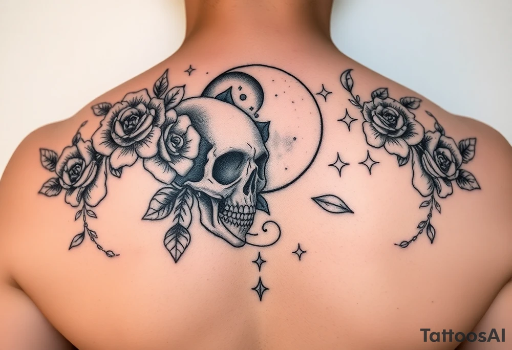 Feminie floral skull lovers moon and stars tattoo idea