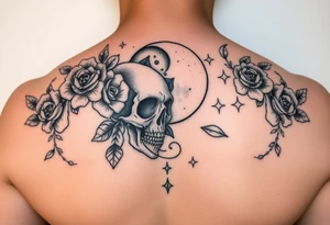 Feminie floral skull lovers moon and stars tattoo idea