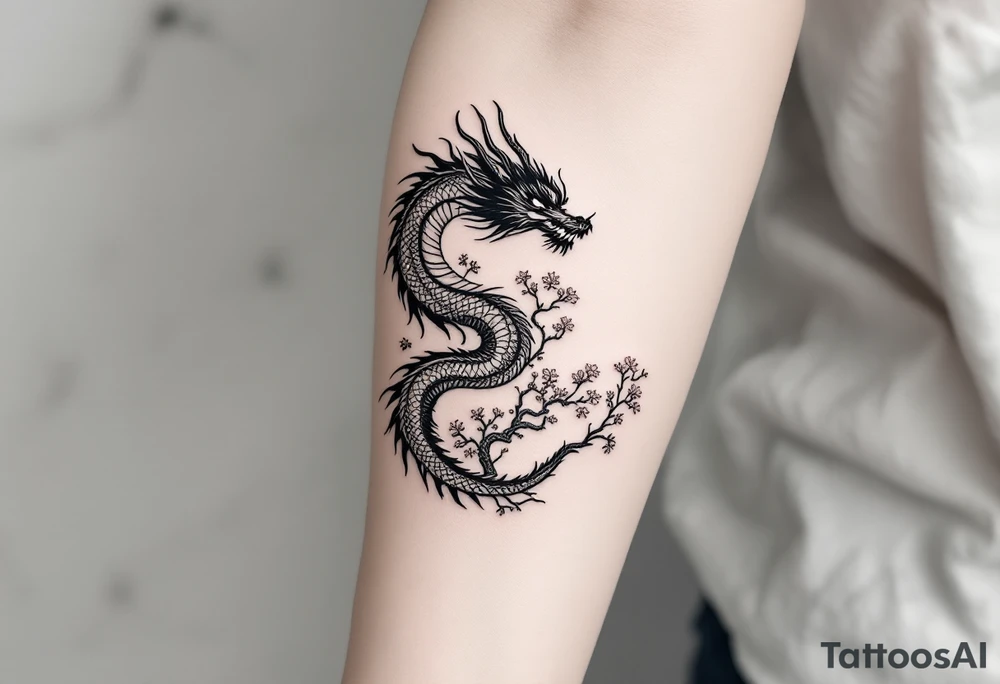 dragon japanese style sakura trees dark aesthetic tattoo idea