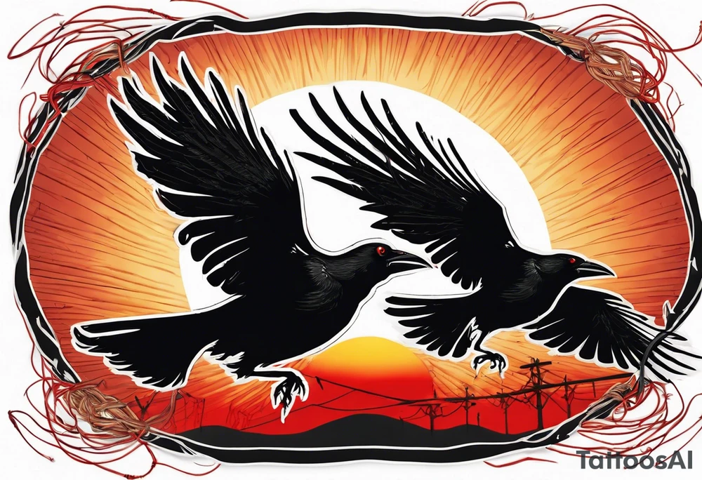 Two black crows flying into the sunset as they carry one long red string between them. tattoo idea