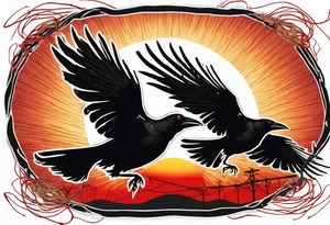 Two black crows flying into the sunset as they carry one long red string between them. tattoo idea