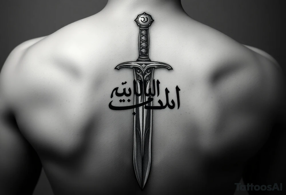 A powerful, highly detailed tattoo design of the legendary bifurcated sword Zulfiqar, positioned vertically for a forearm. The Arabic calligraphy "لا فتی الا علی لا سیف الا ذوالفقار" is elegantly woven into the blade's steel. Cinematic lighting, sharp edges, metallic textures, and a subtle "divine glow" or smoke effect around the sword. Intricate engravings, epic warrior aesthetic, black and grey realism. tattoo idea