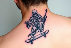 Colorful grim reaper riding skateboard tattoo idea